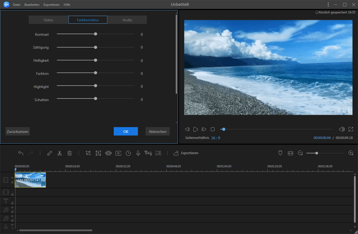 Farbkorrektur wählen und die Farbe einstellen.