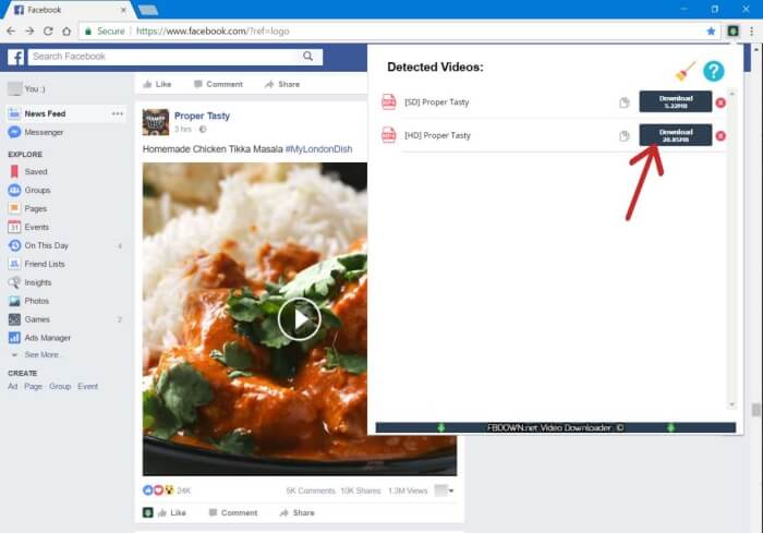 확장 프로그램이 포함된 Facebook 비디오 다운로드
