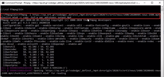 ligne de commande de collage ffmpeg pour convertir m3u8