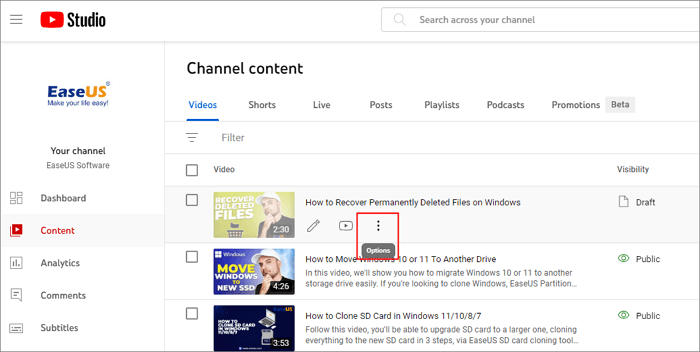 escolha as opções do vídeo