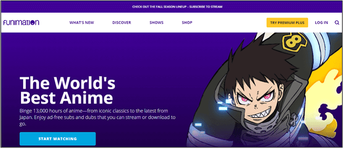 página inicial da funimation