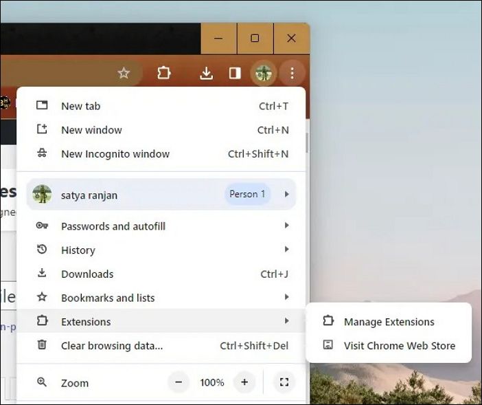 abrir la página de extensión del navegador