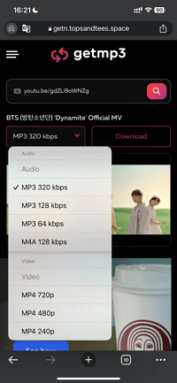 選擇檔案類型和音訊品質