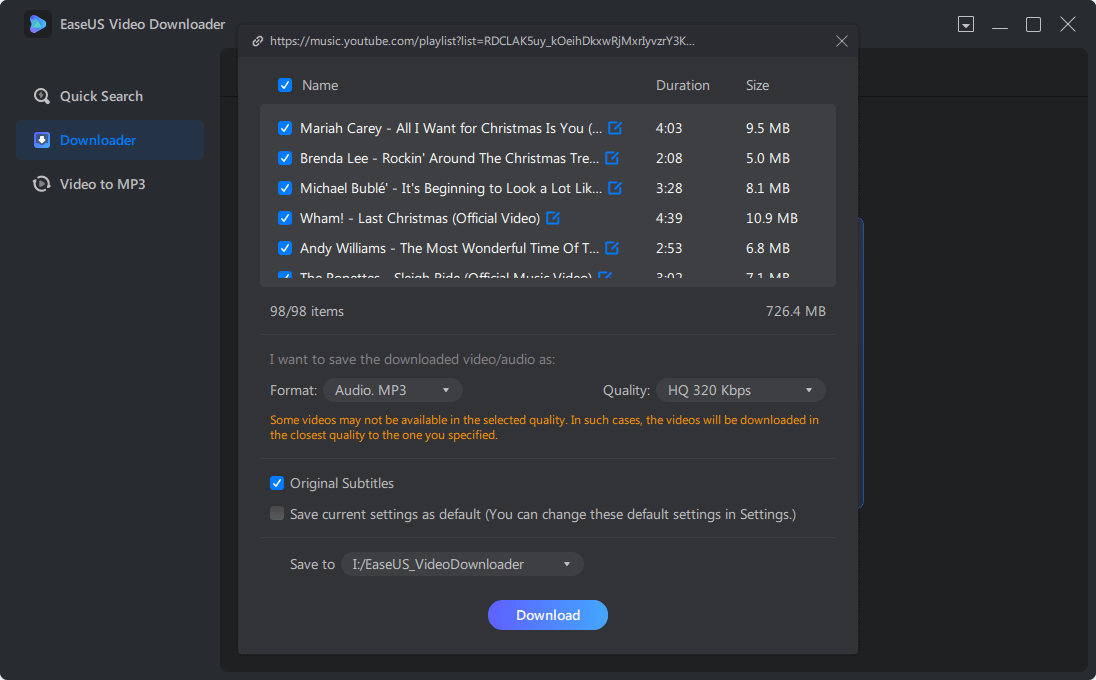 Select the audio format and quality