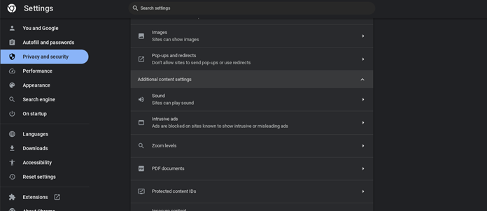 zusätzliche Inhaltseinstellungen Chrome