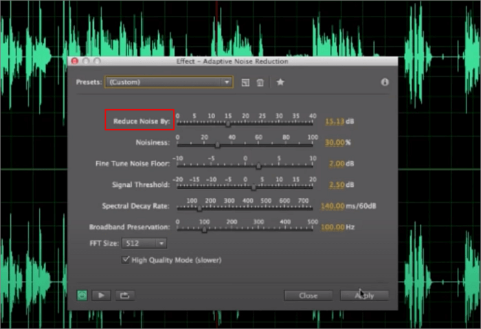 audição aplicar redução de ruído adaptativa
