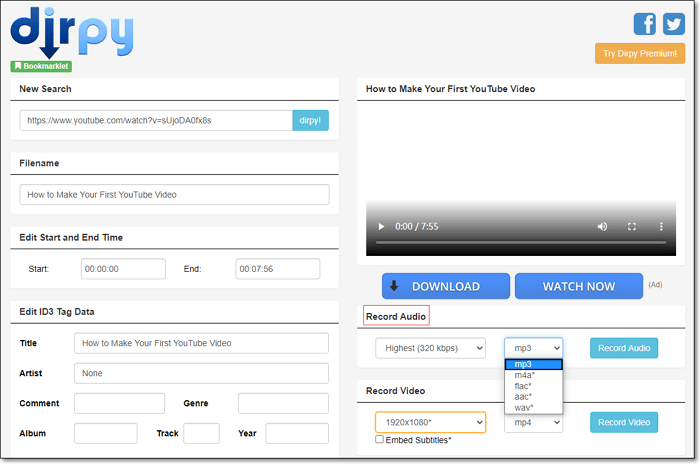 Extract audio from YouTube with Dirpy