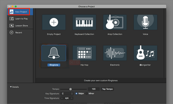 garageband crea un nuovo progetto