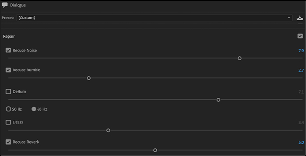 option de réduction du bruit panneau sonore essentiel premiere pro