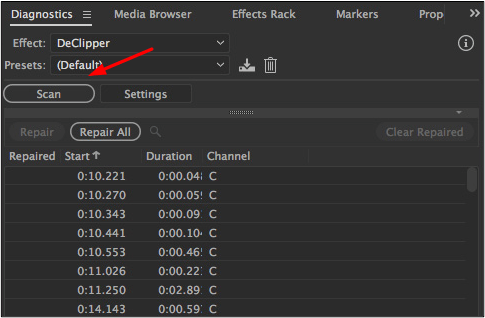 opción de escaneo en Adobe audition