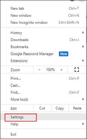 Configurações no menu suspenso