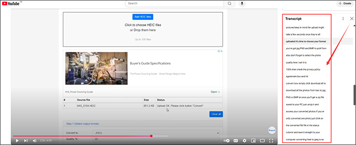 muestra la transcripción a la derecha del vídeo