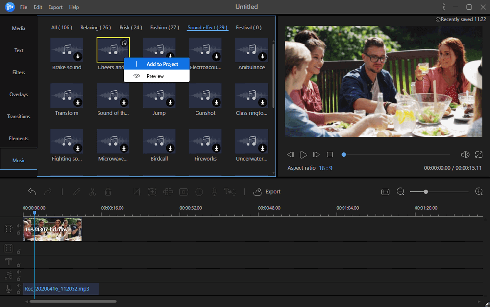 Añade efectos de sonido al vídeo