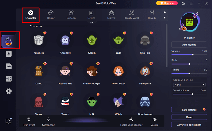 clique em seções de caracteres