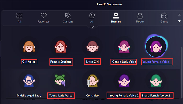 efeitos sonoros femininos no EaseUS VoiceWave