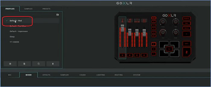 Application GoXLR et sélectionnez le profil « Rouge par défaut »