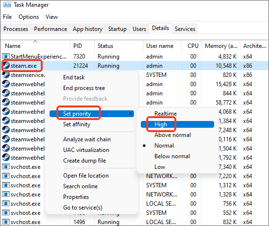 set steam with high prioroty in task manager